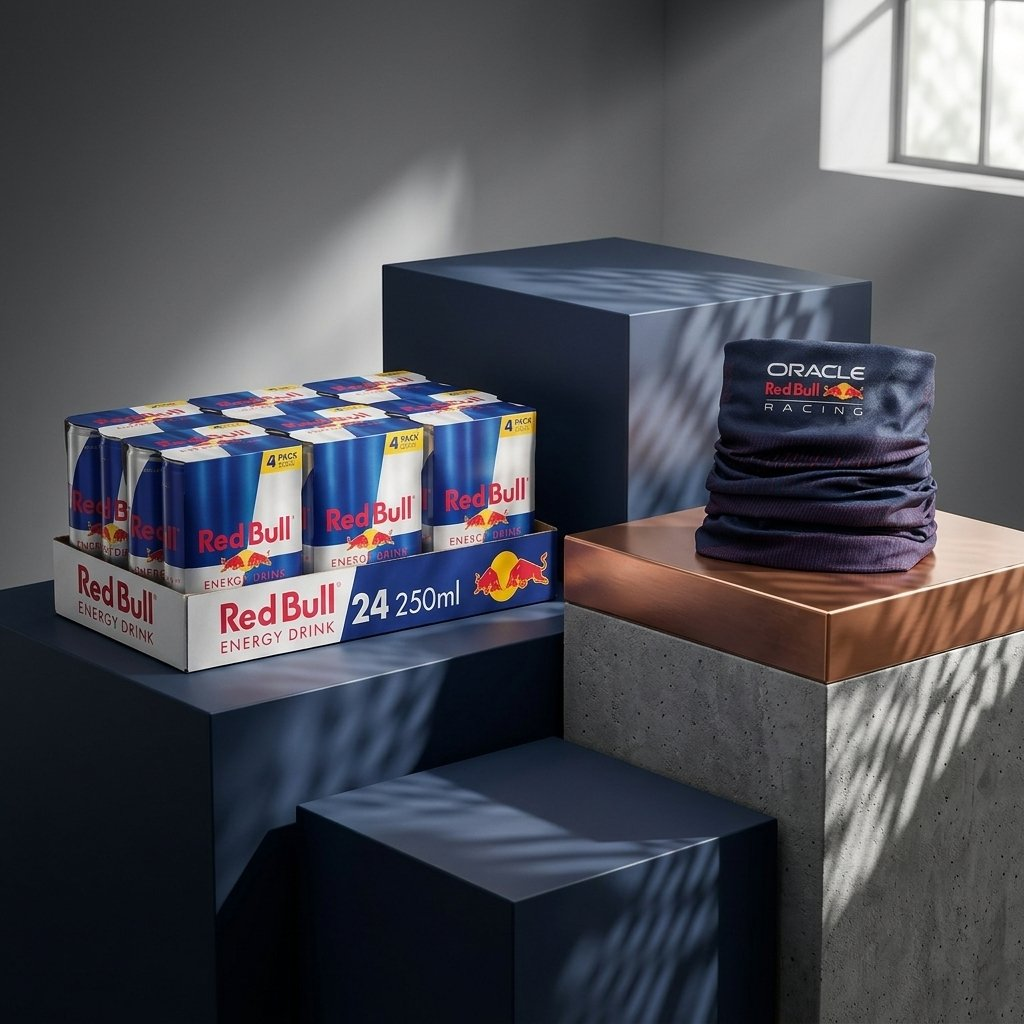 Una confezione da 24 di bevande energetiche Red Bull e uno scaldacollo Oracle Red Bull Racing su piedistalli.