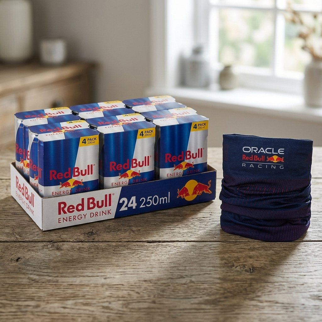 Una confezione da 24 lattine di Red Bull e uno scaldacollo Oracle Red Bull Racing su un tavolo.