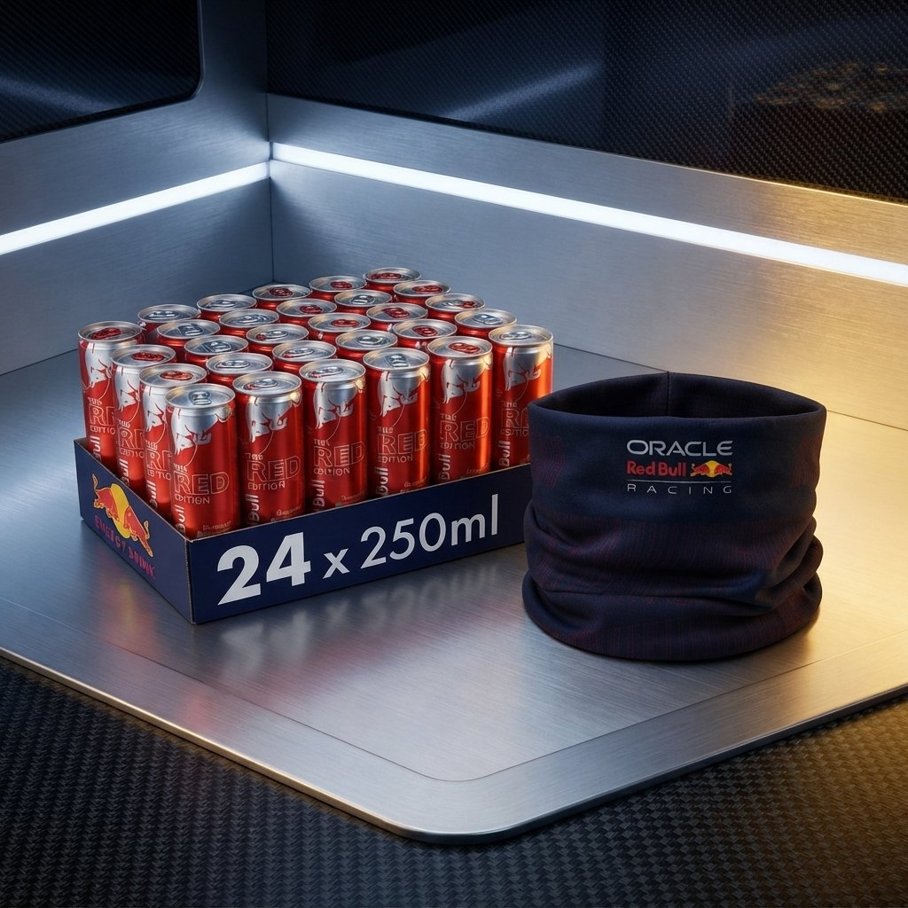 Una scatola di 24 lattine Red Bull e uno scaldacollo Oracle Red Bull Racing su una superficie metallica.