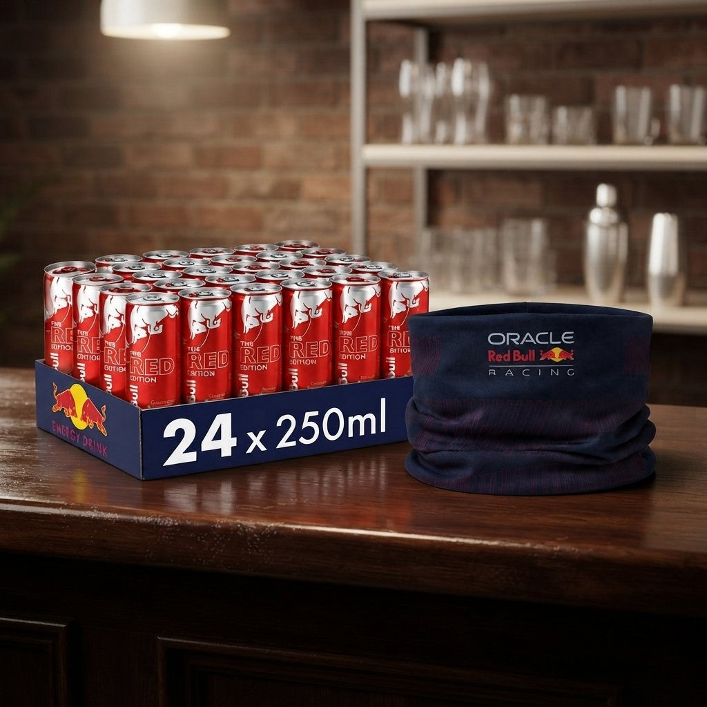 Una confezione di lattine Red Bull Red Edition e una bandana da collo Oracle Red Bull Racing su un bancone in legno.