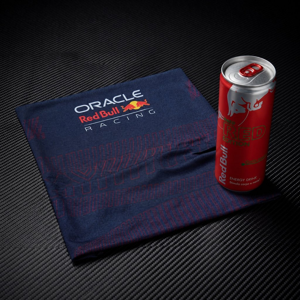 Una lattina di energy drink Red Bull rossa e uno scaldacollo Oracle Red Bull Racing su sfondo nero.