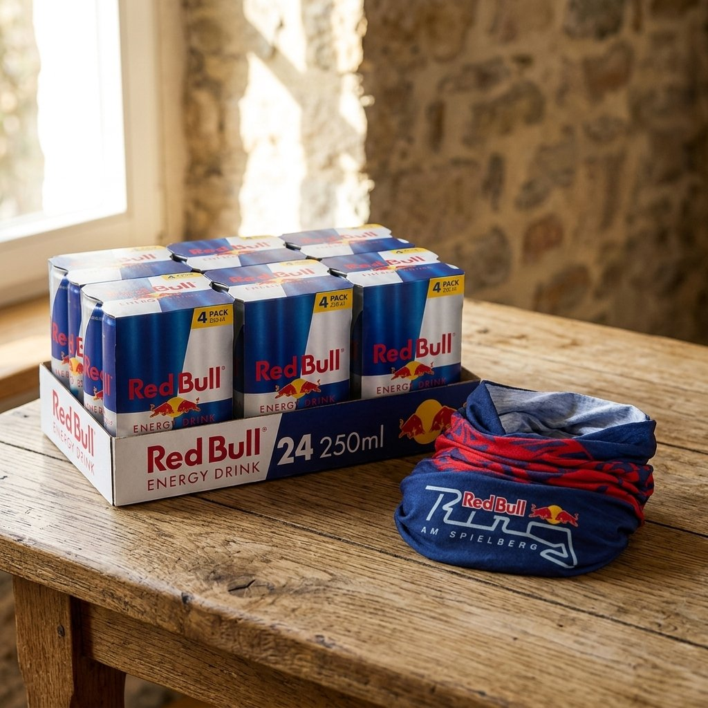 Una cassa di Red Bull e uno scaldacollo Red Bull Ring giacciono su un tavolo di legno.