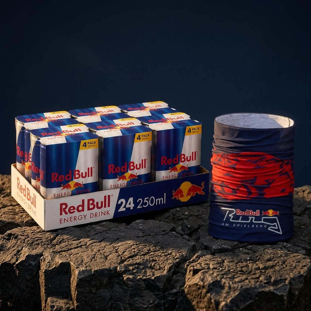 Una confezione di 24 lattine di Red Bull e uno scaldacollo su roccia.