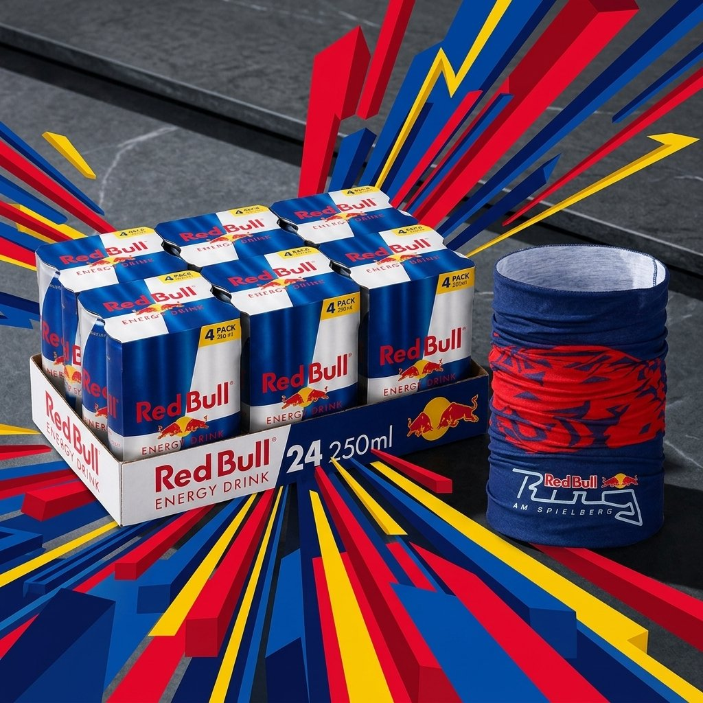 Una confezione da 24 Red Bull e una sciarpa blu con motivo rosso su sfondo grigio con linee colorate.