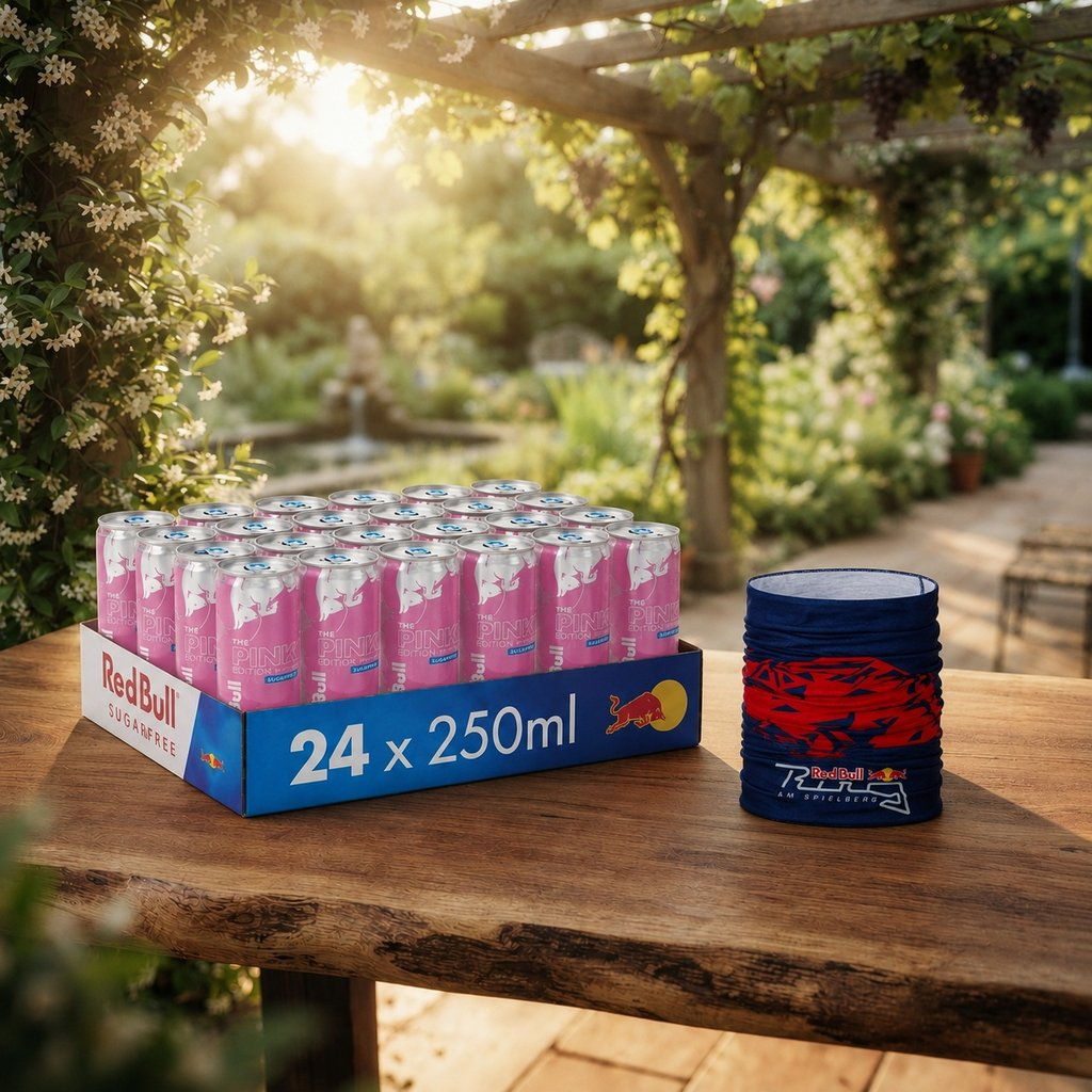 Una confezione di lattine rosa di Red Bull e uno scaldacollo su un tavolo da giardino.