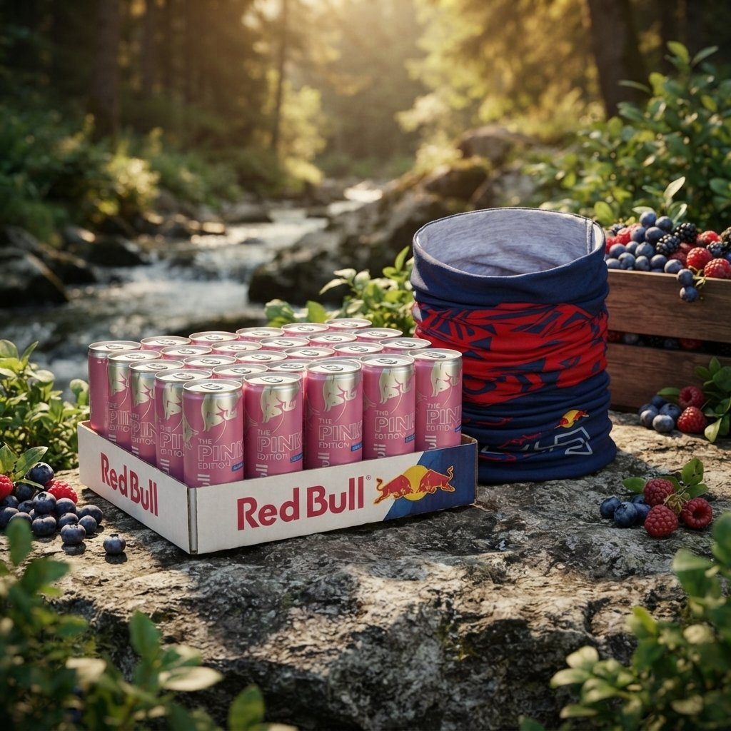 Una scatola di lattine di Red Bull rosa, uno scaldacollo e bacche su una roccia vicino a un ruscello.