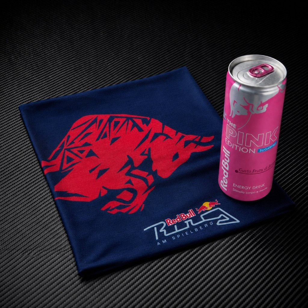 Una lattina rosa di Red Bull e un panno blu con logo toro rosso su superficie testurizzata.