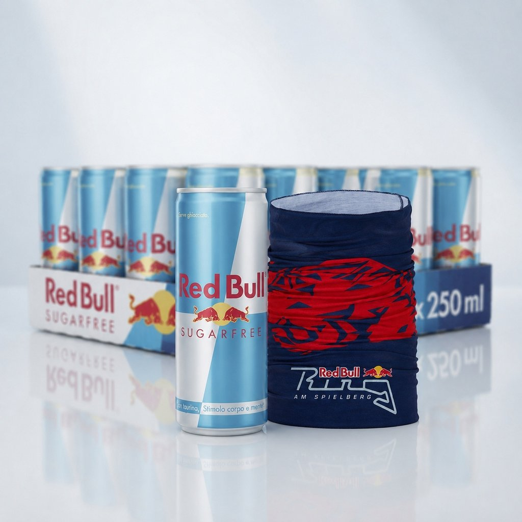 Una lattina di Red Bull Sugarfree e uno scaldacollo blu davanti a una scatola di lattine.