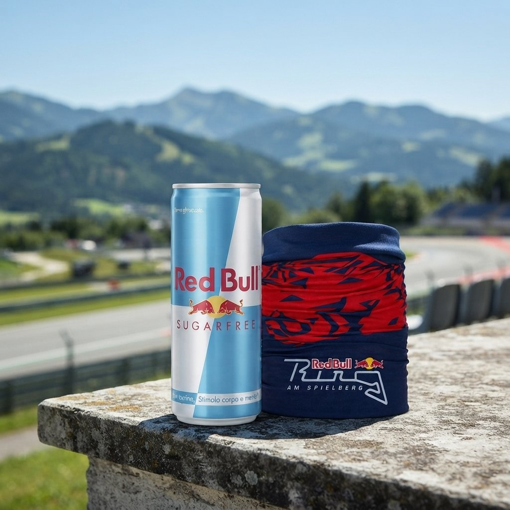Una lattina di Red Bull Sugarfree e uno scaldacollo sono su un muretto di pietra con sfondo una pista di montagna.