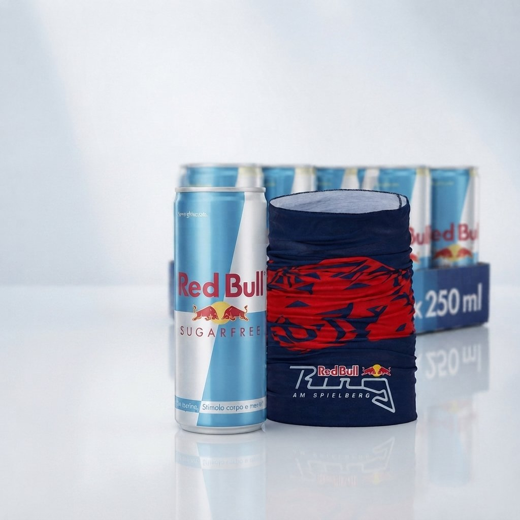 Una lattina di Red Bull Sugarfree e uno scaldacollo blu e rosso davanti a una confezione.