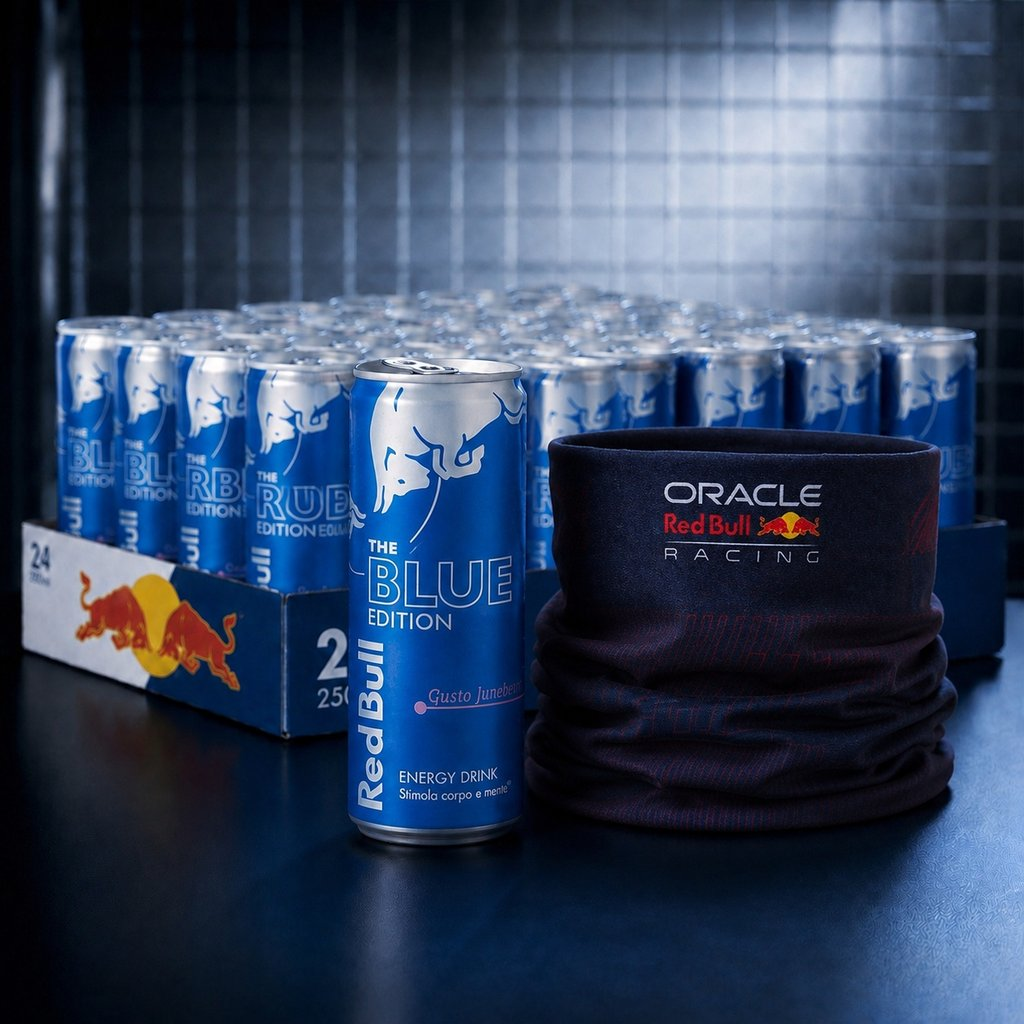 Una confezione di lattine Blue Edition Red Bull con una lattina singola e uno scaldacollo Oracle Red Bull Racing davanti.