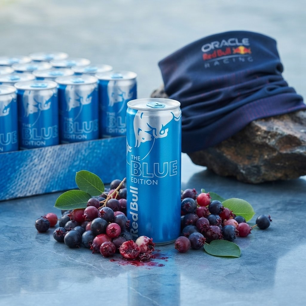 Una lattina di Red Bull Blue Edition tra bacche fresche su una superficie grigia, con altre lattine e un berretto.