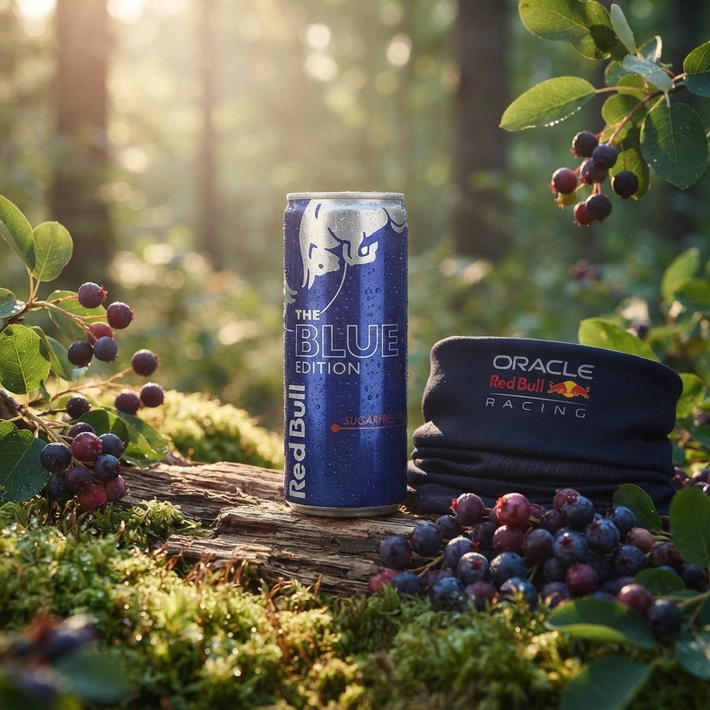 Una lattina di Red Bull Blue Edition e uno scaldacollo su un tronco muschioso tra mirtilli freschi e foglie.