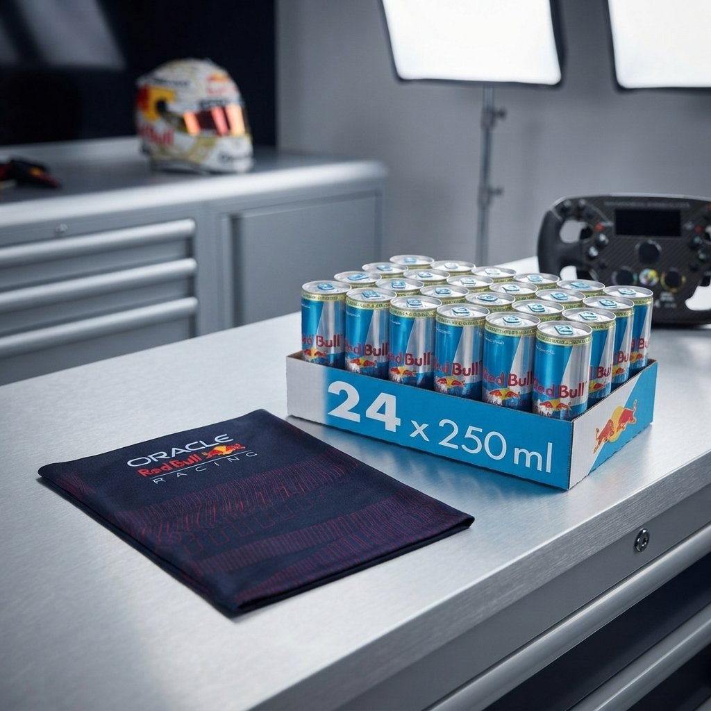 Una confezione di 24 lattine Red Bull e un panno Oracle Red Bull Racing su un tavolo in metallo, con casco e volante sullo sfondo.