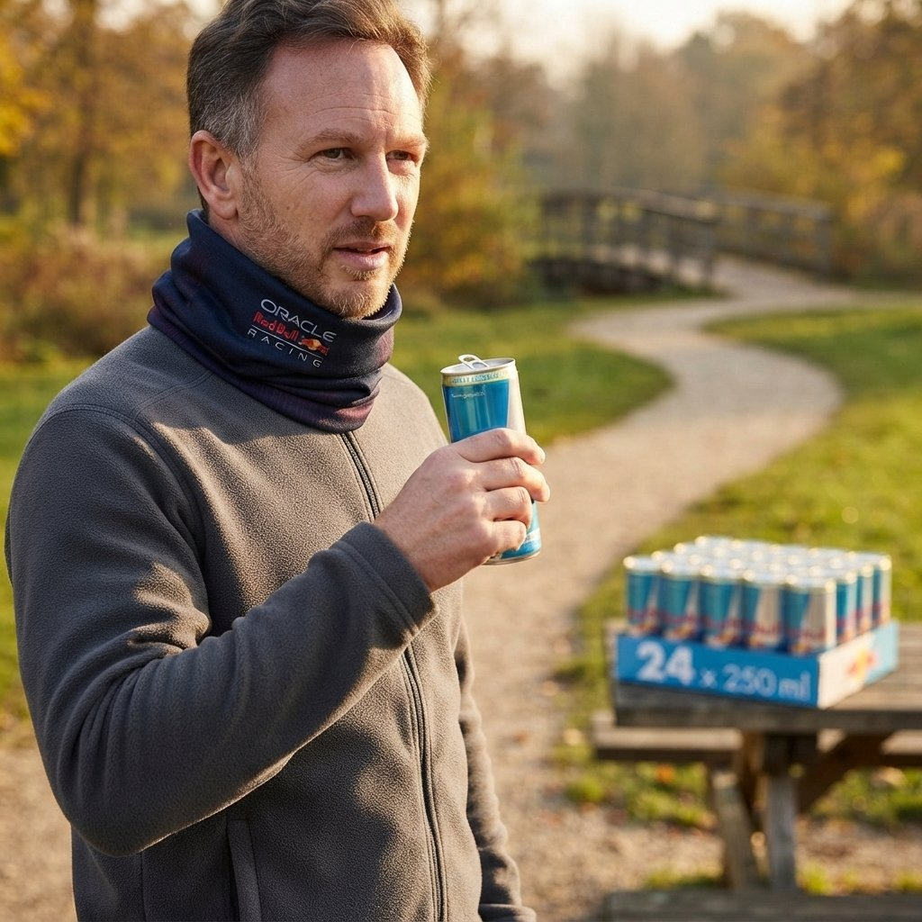 Un uomo in pile grigio beve una lattina di Red Bull in un parco, con una confezione di lattine dietro.