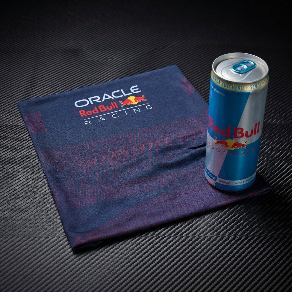 Uno scaldacollo blu di Oracle Red Bull Racing e una lattina di Red Bull su una superficie in fibra di carbonio nera.