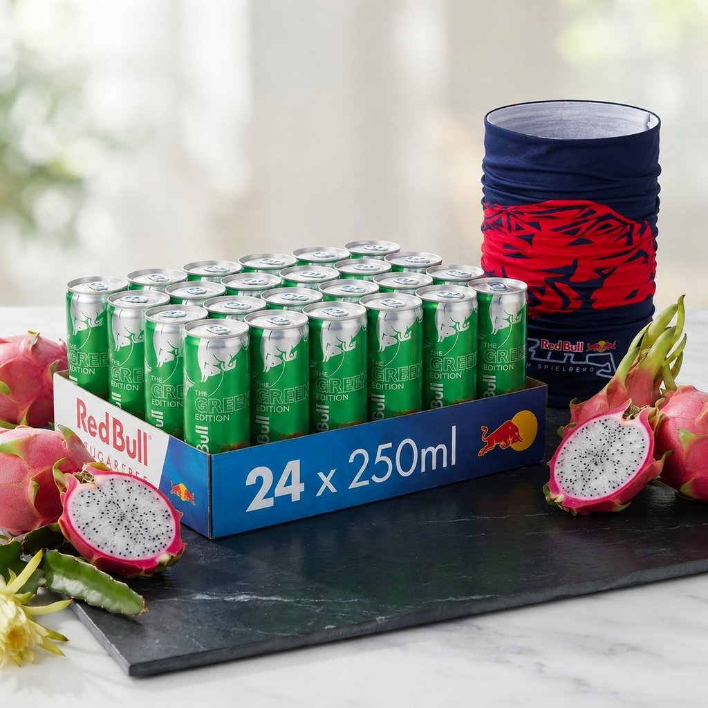 Una confezione da 24 lattine Red Bull Green Edition vicino a pitaya fresca e uno scaldacollo.