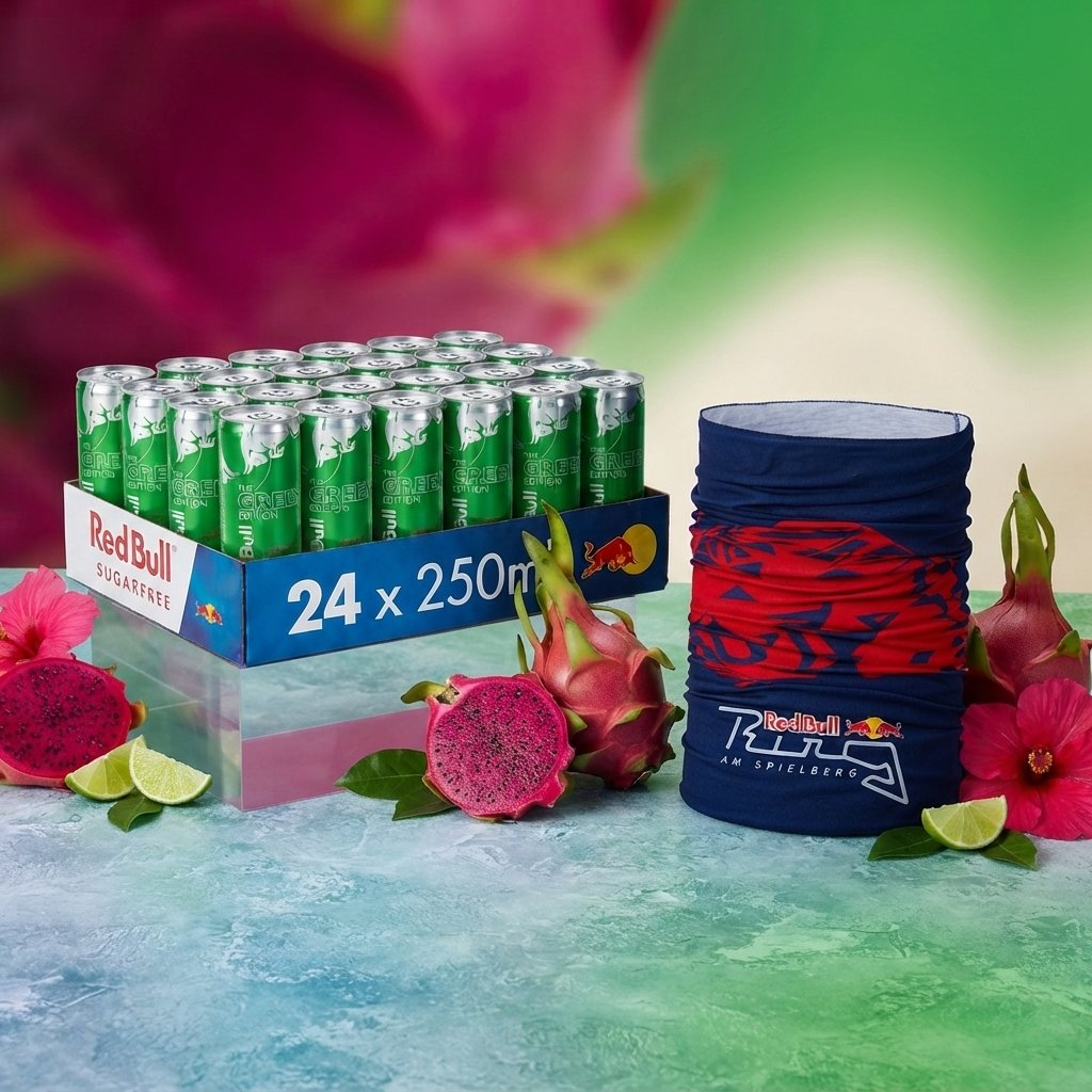 Lattine di Red Bull, uno scaldacollo, dragon fruit, lime e fiori rosa.