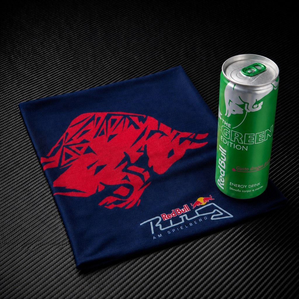 Una lattina verde di Red Bull e un panno blu scuro con un toro rosso su una superficie nera.