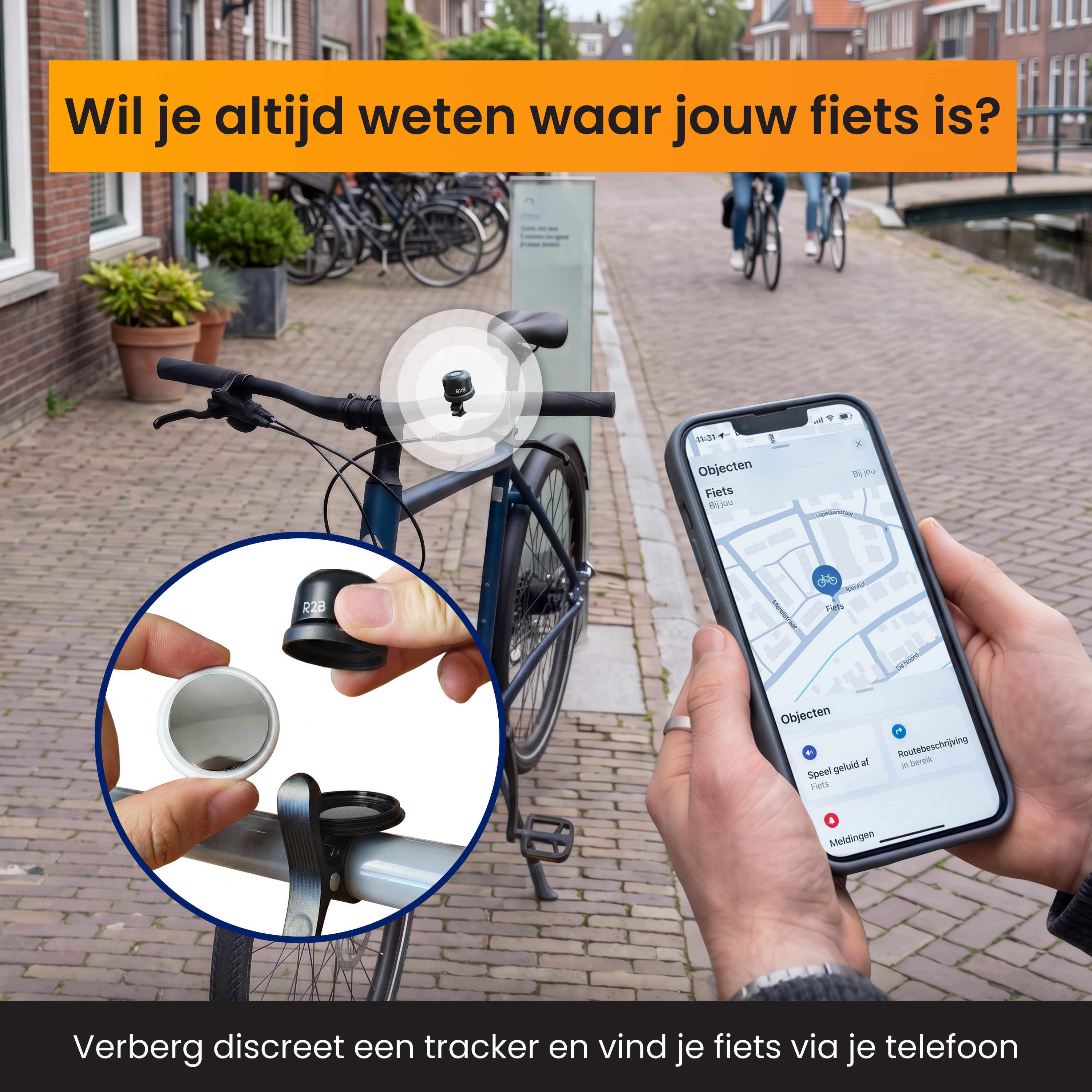 Person hält ein Smartphone mit Fahrrad-Tracker-App, Vordergrund zeigt Fahrrad und Tracker-Einbau.