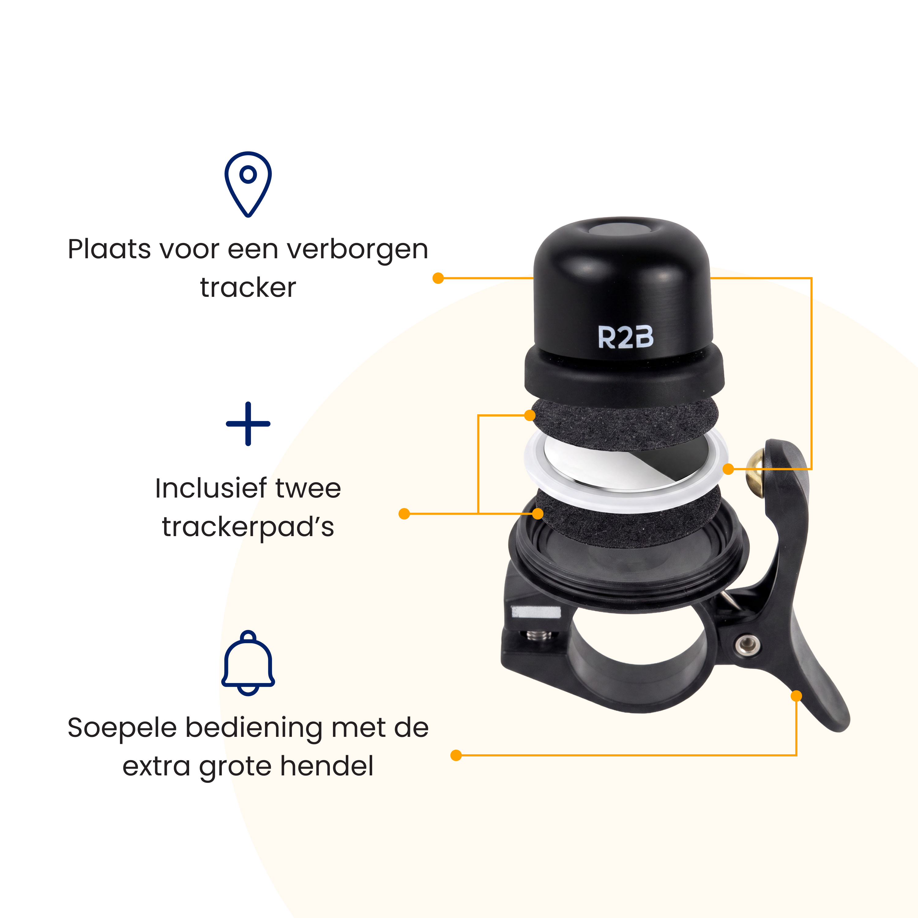 Diagramm einer schwarzen Fahrradklingel mit Platz für einen Tracker und zwei Pads.