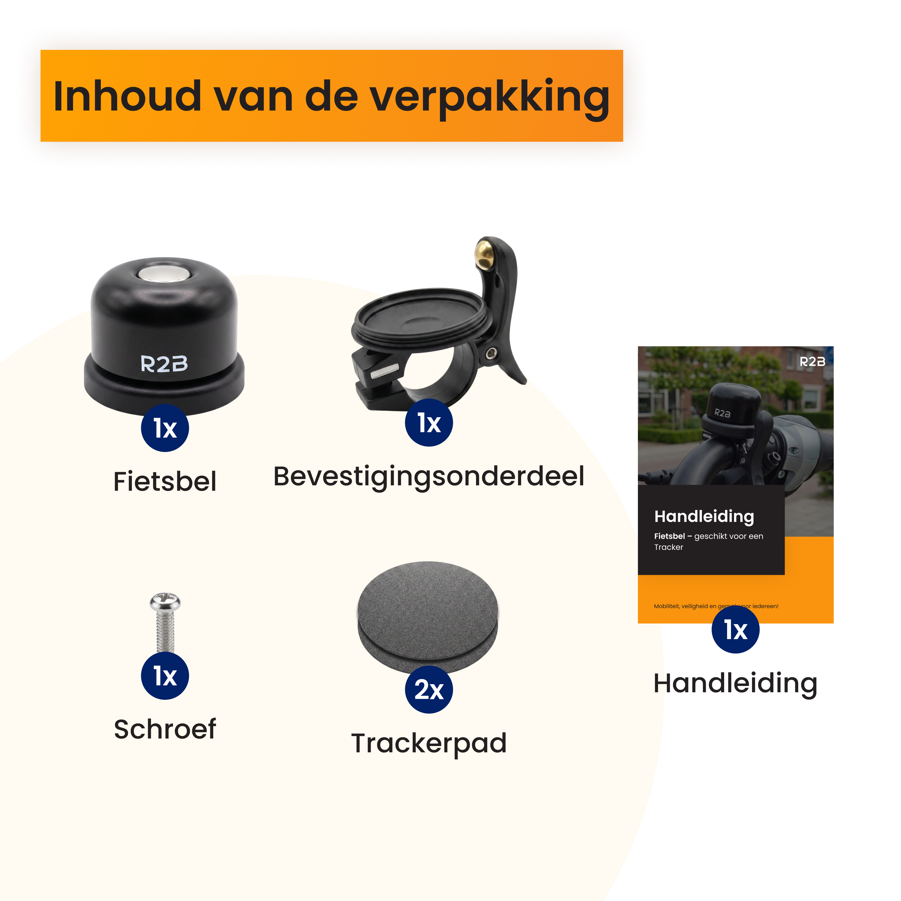 Verpackungsinhalt: eine Fahrradklingel, eine Halterung, eine Schraube, zwei Tracker-Pads und eine Anleitung.