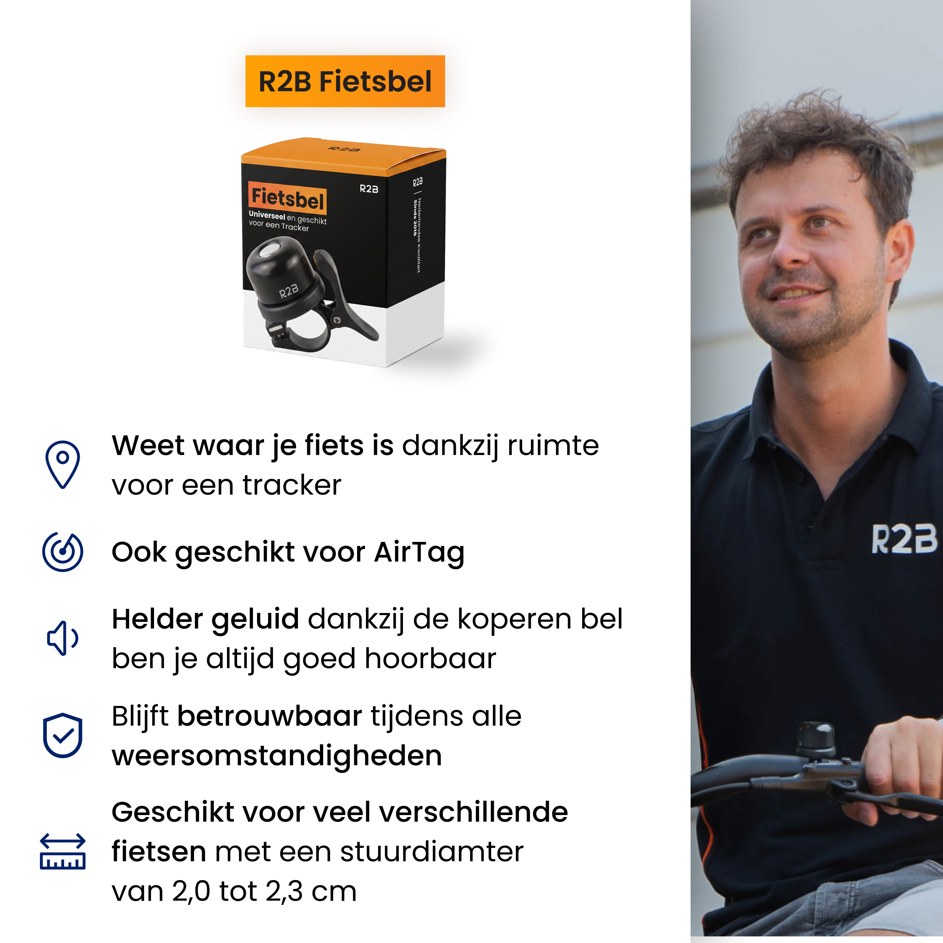 Ein glücklicher Mann auf einem Fahrrad, daneben eine Produktverpackung mit Tracker-Fahrradklingel und Text.
