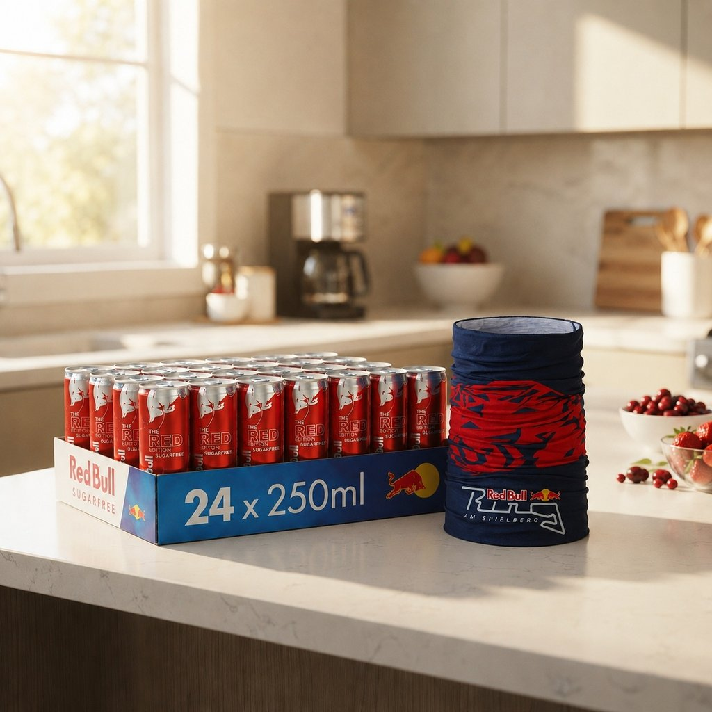 Una confezione di Red Bull Sugarfree da 250 ml e uno scaldacollo Red Bull Ring su un bancone.