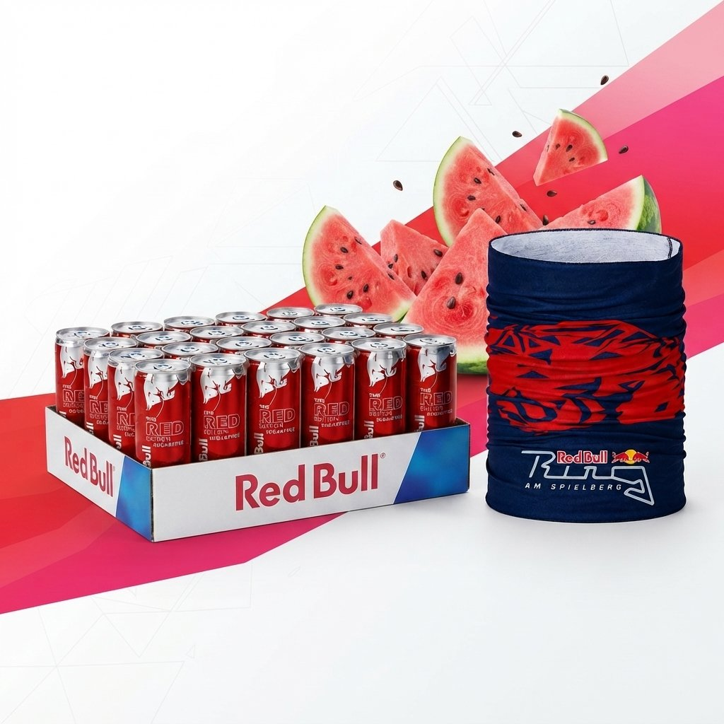 Una confezione di lattine rosse Red Bull, fette di anguria e una fascia blu Red Bull Ring su uno sfondo rosa e bianco.