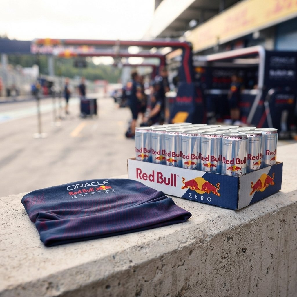 Una confezione di Red Bull Zero e un manicotto blu Oracle Red Bull Racing su un muretto in pista.