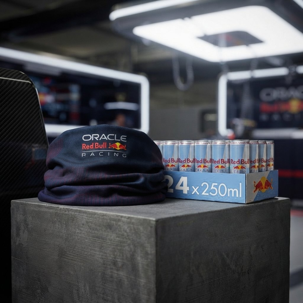 Uno scaldacollo Red Bull Racing e una scatola di lattine su un blocco grigio in un garage.