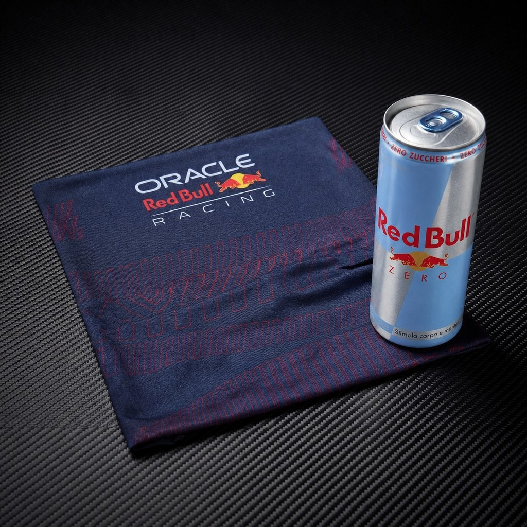 Una lattina di Red Bull Zero e tessuto Oracle Red Bull Racing su fibra di carbonio.