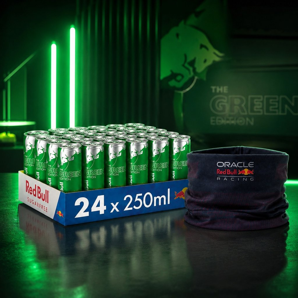 Una confezione di Red Bull Green Edition 24x250ml e uno scaldacollo Oracle Red Bull Racing su sfondo verde.