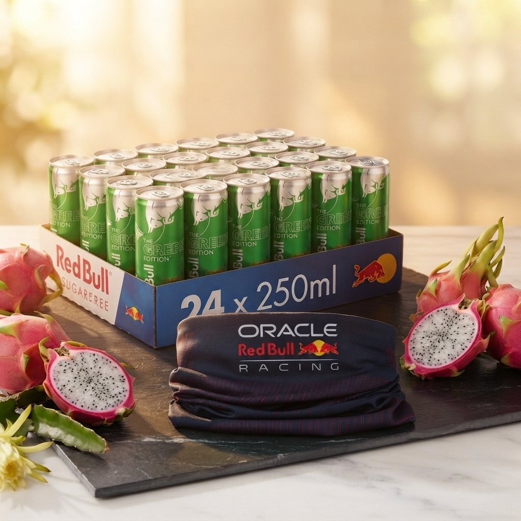 Una confezione da 24 Red Bull Green Edition con dragon fruit e uno scaldacollo Oracle Red Bull Racing.