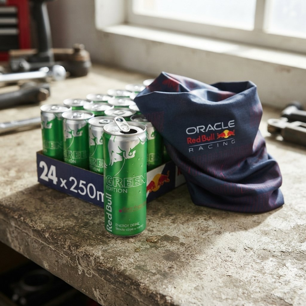 Una confezione di lattine verdi di Red Bull vicino a uno scaldacollo Oracle Red Bull Racing.
