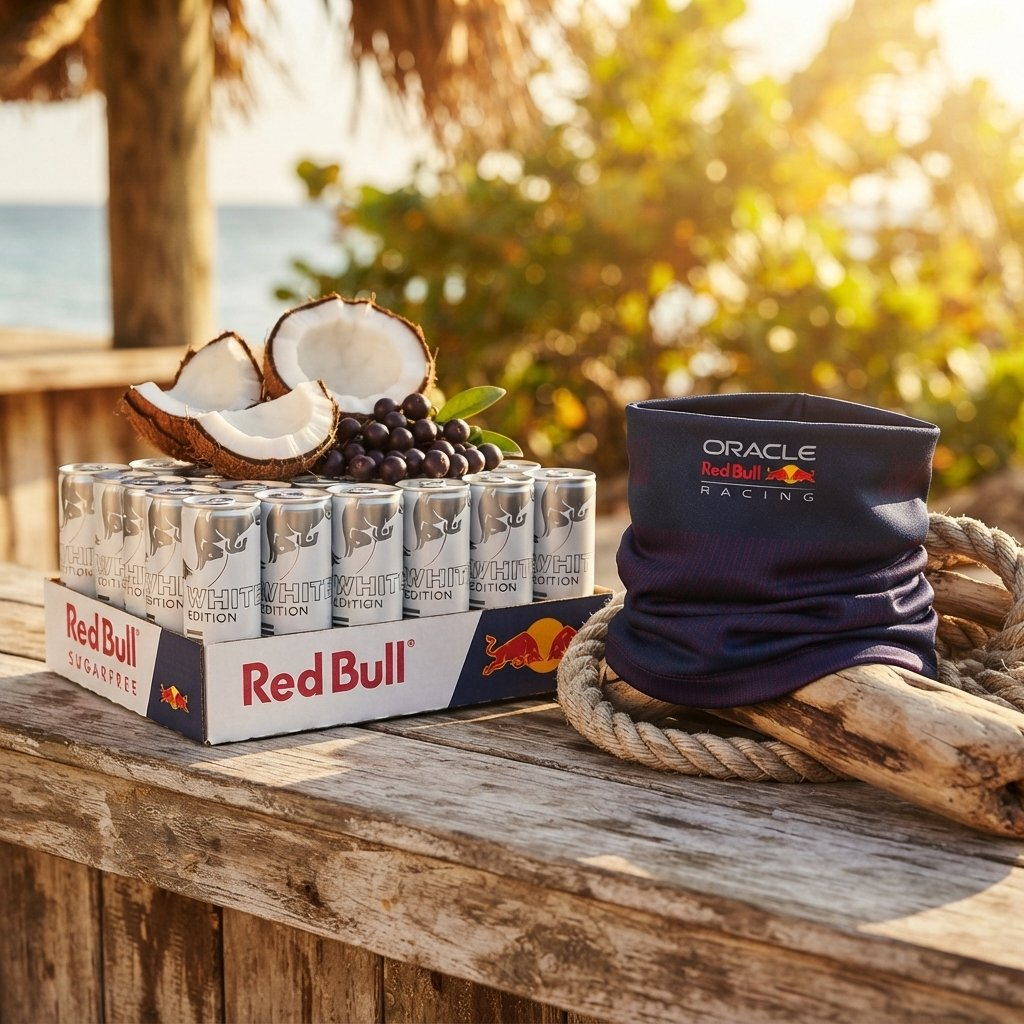 Lattine di Red Bull White Edition, cocchi e uno scaldacollo Red Bull Racing su un tavolo di legno.