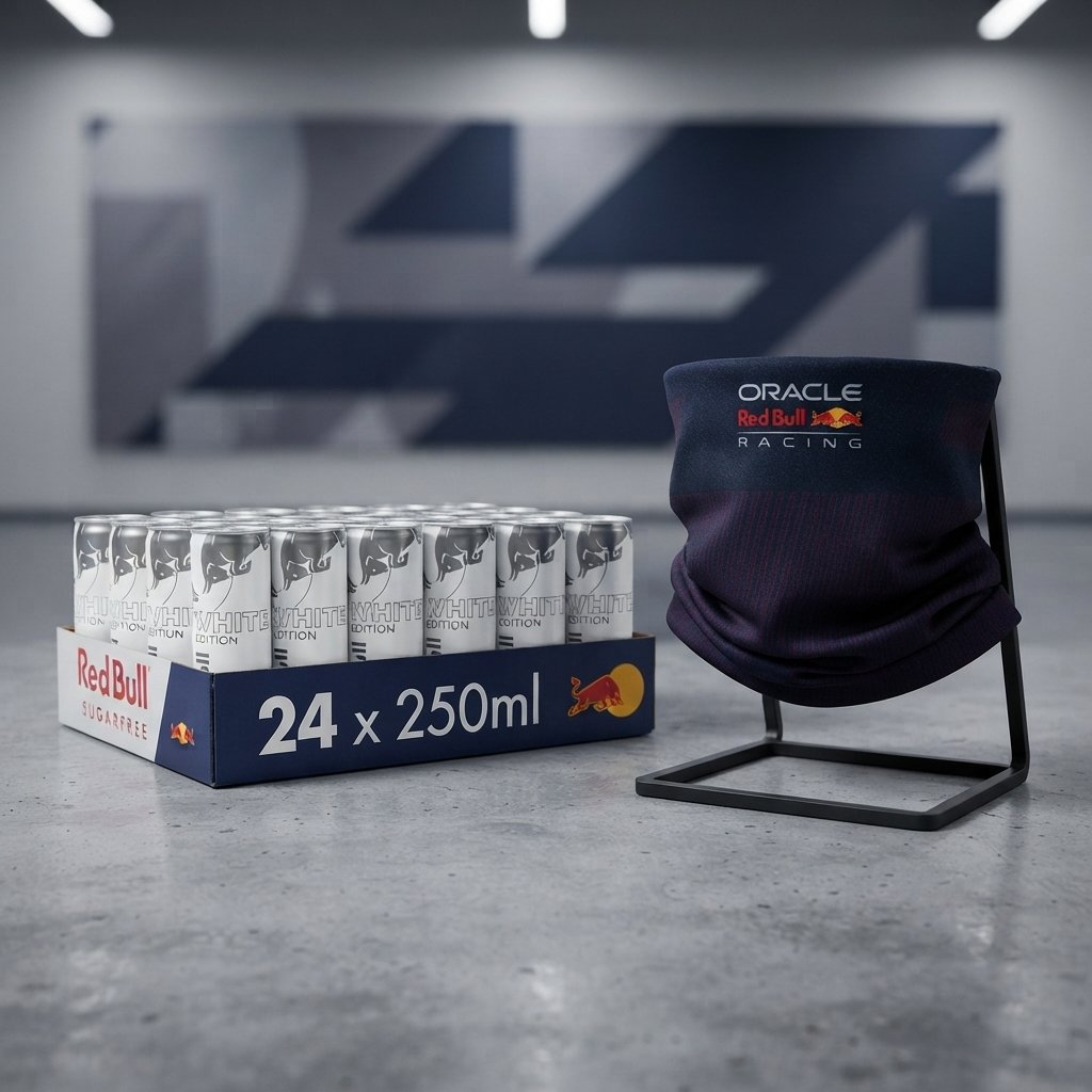 Una confezione di Red Bull Sugarfree 250ml e uno scaldacollo Oracle Red Bull Racing su pavimento in cemento.