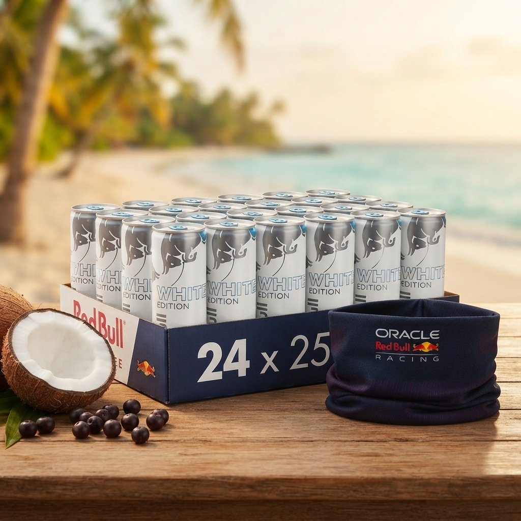 Una confezione di Red Bull White Edition su un tavolo di legno, con cocchi e bacche, davanti a una spiaggia.