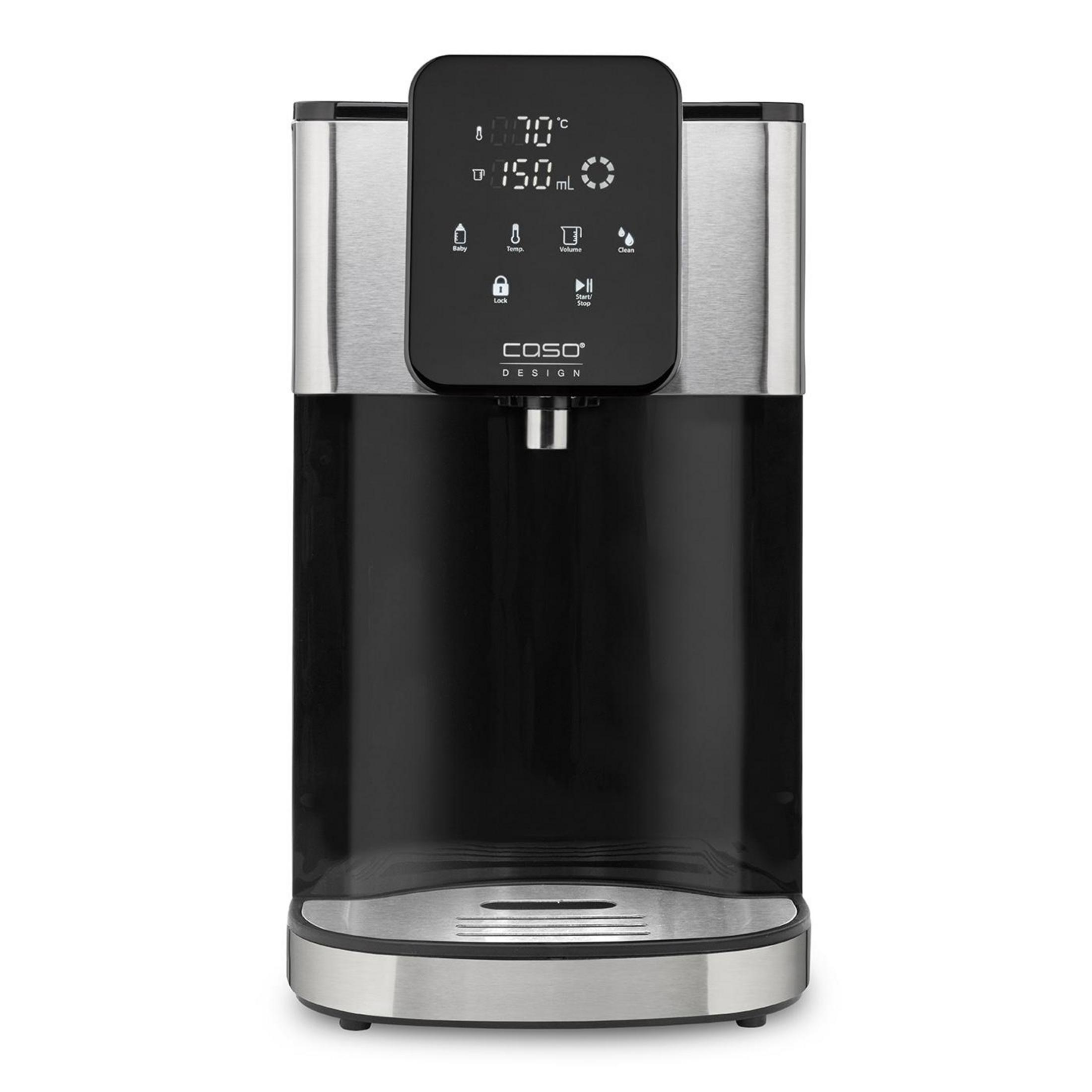 Edelstahl-Heißwasserspender mit digitalem Touch-Display und Abtropfschale.