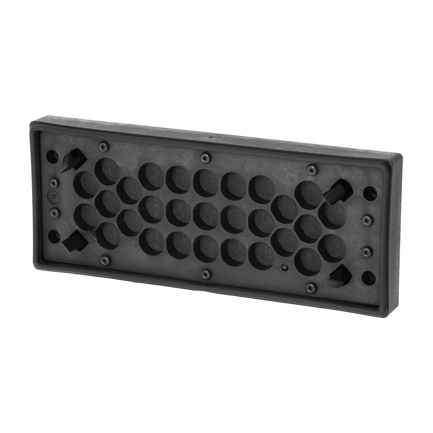Ein rechteckiges, schwarzes Dichtungsteil aus Gummi mit vielen runden Löchern und Einstellschrauben auf weißem Grund.