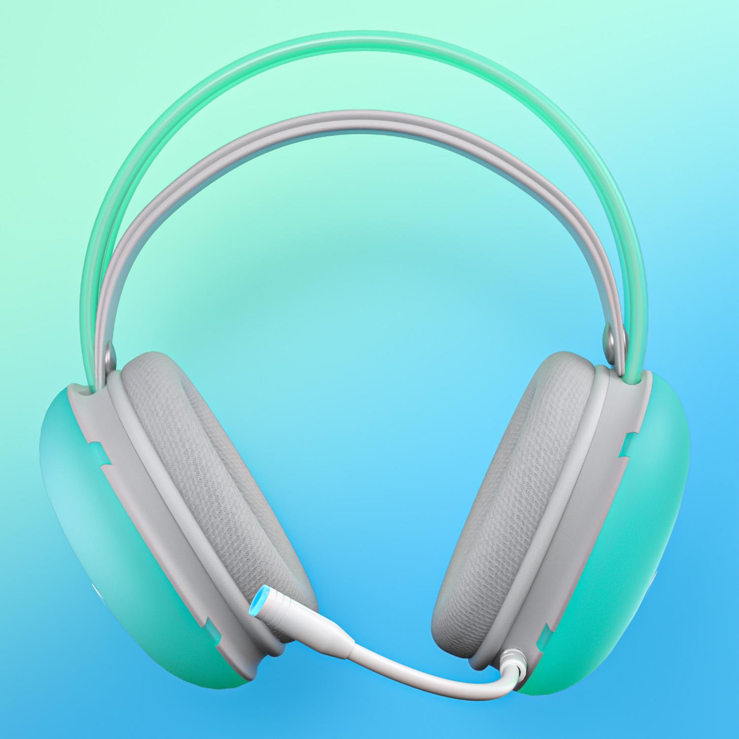 Cuffie da gioco verdi e grigie con microfono su sfondo blu e verde.