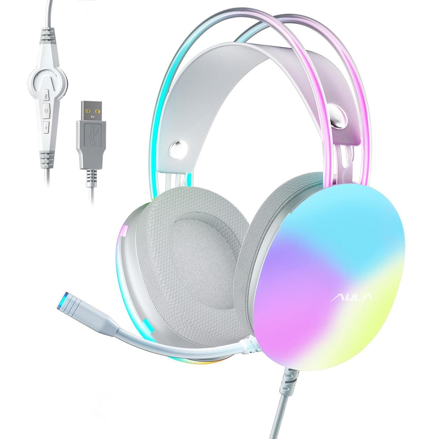 Cuffie da gioco bianche con luci RGB pastello luminose, microfono, spina USB e controllo del volume.