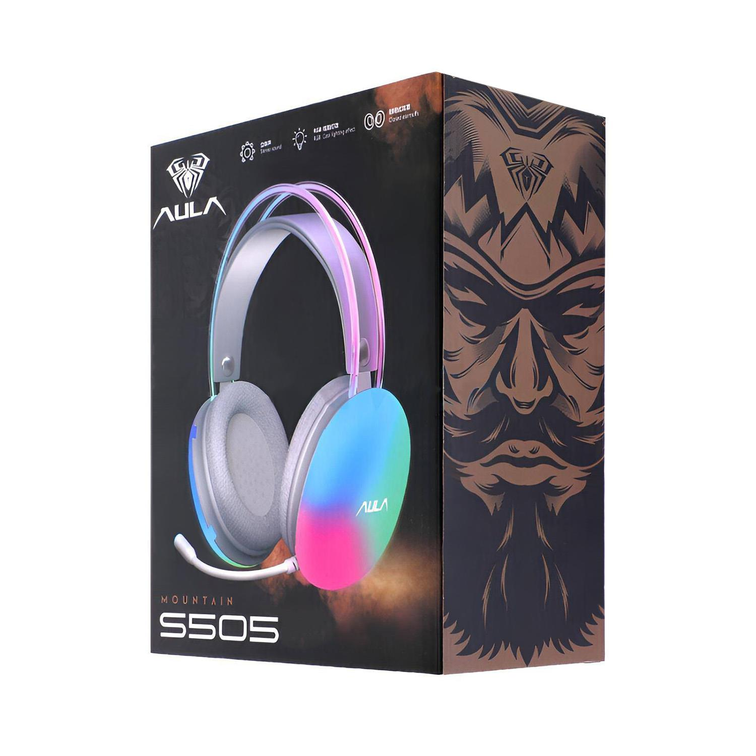 Una scatola per cuffie da gioco AULA Mountain S505 con LED colorati.