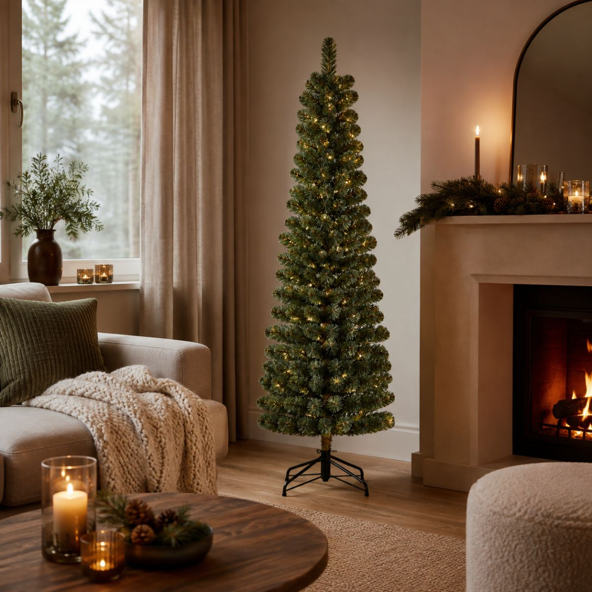 Een slanke kerstboom met lichtjes staat in een gezellige woonkamer met open haard en bank.