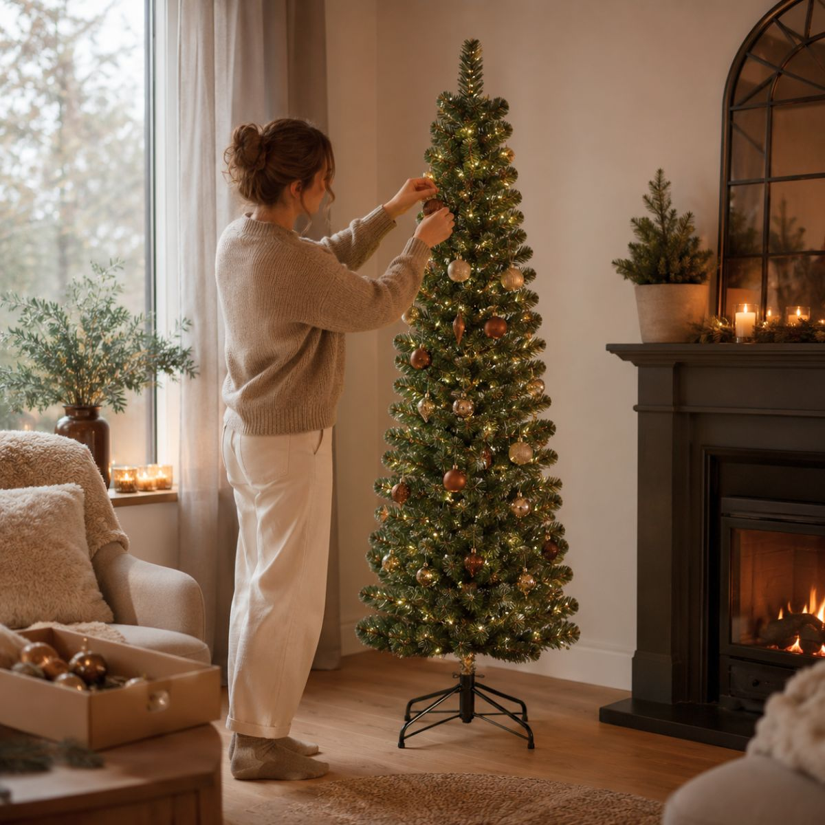 Een vrouw in een grijze trui versiert een verlichte kerstboom in een gezellige woonkamer met open haard.