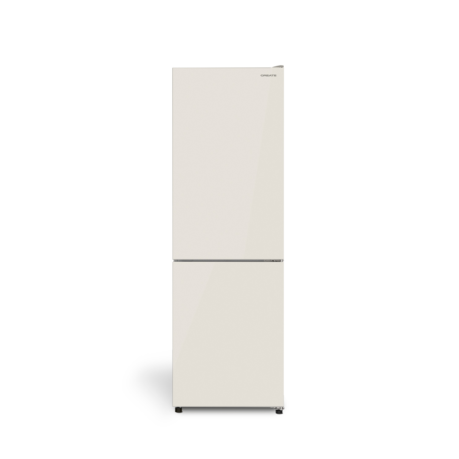 Un refrigerador-congelador moderno de color beige con congelador inferior sobre fondo blanco.