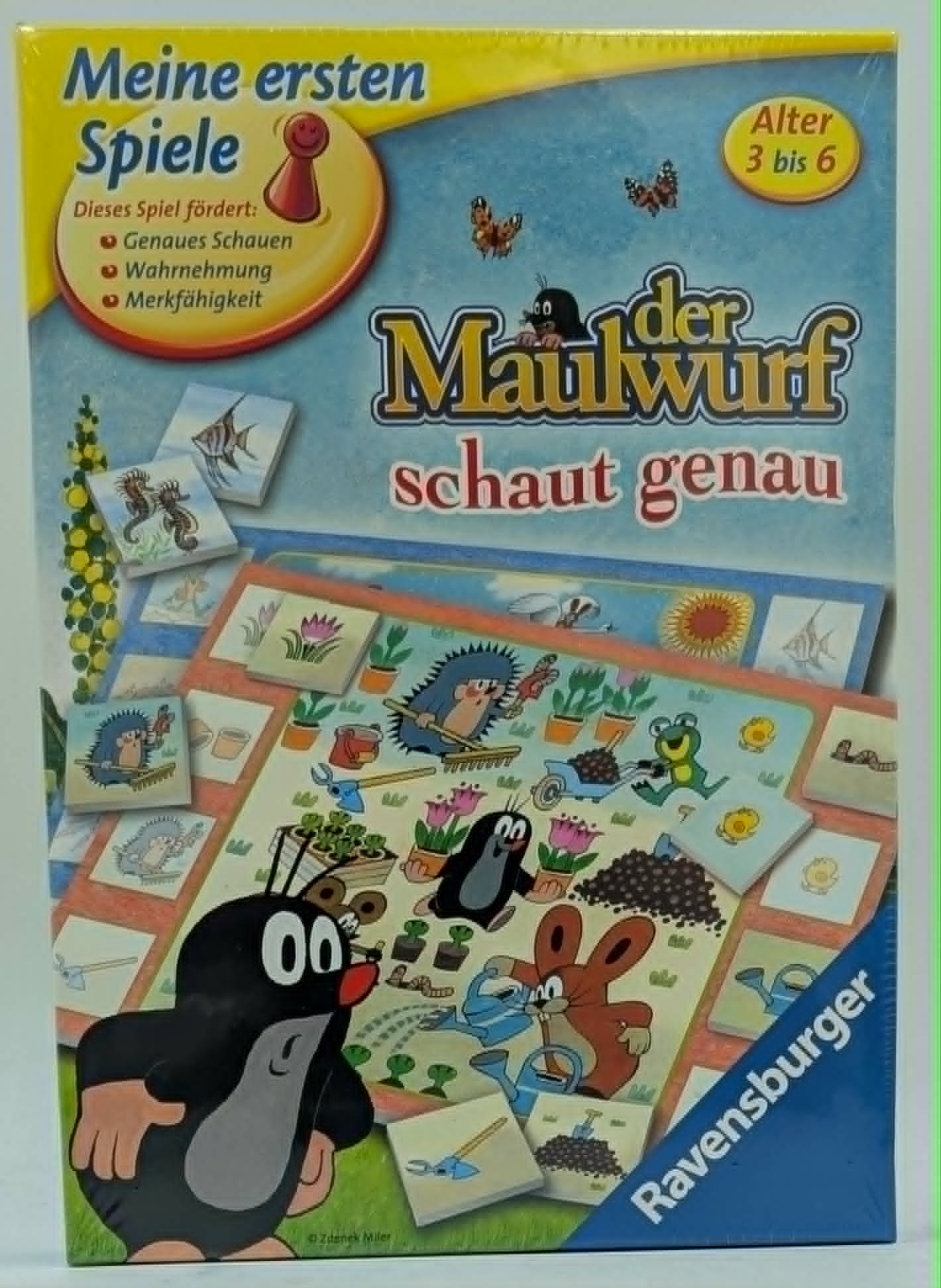 Ravensburger Brettspielverpackung "Der Maulwurf schaut genau" mit dem Maulwurf und Gartenmotiven.
