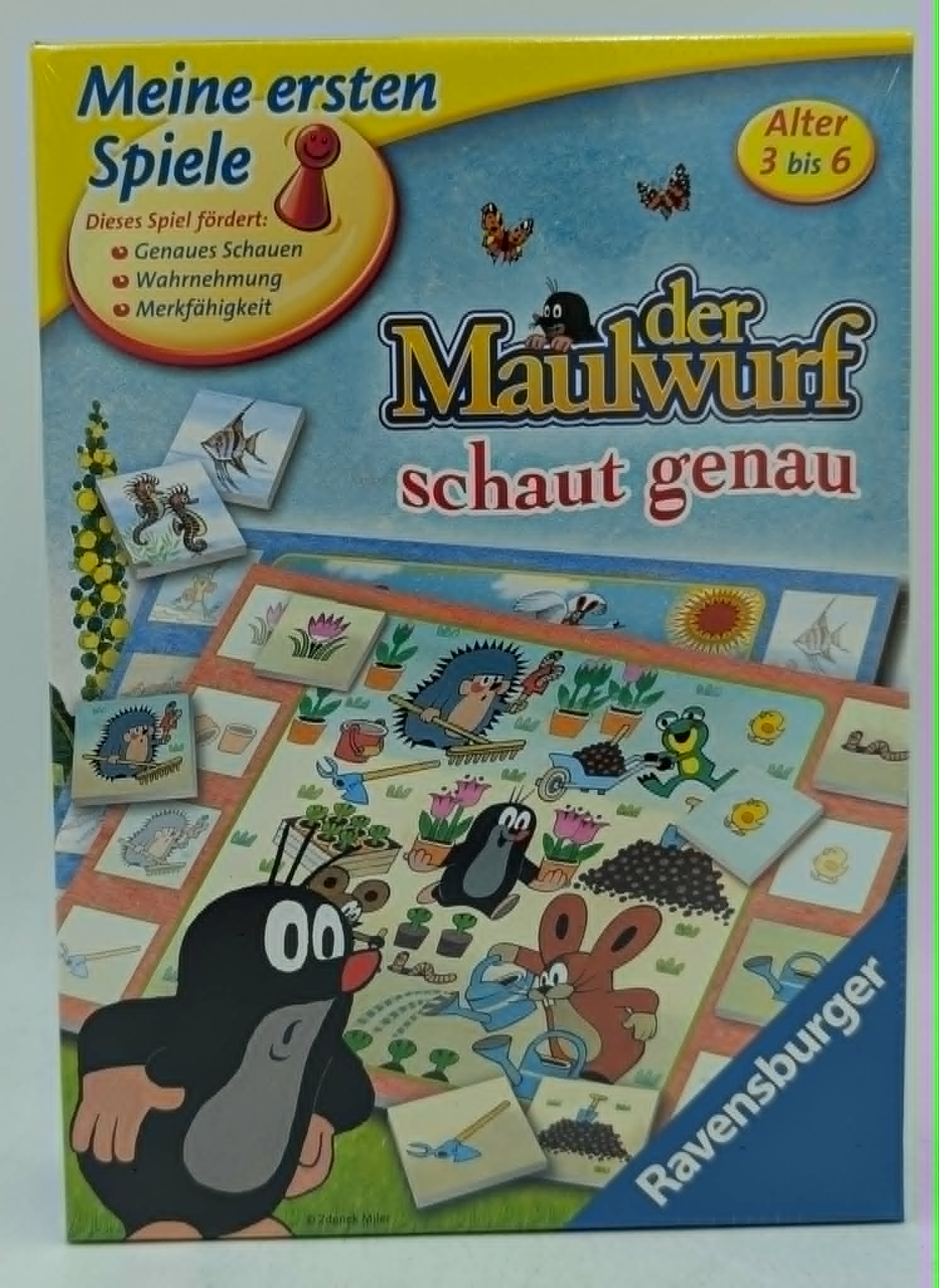 Brettspielbox 'Der kleine Maulwurf schaut genau' mit bunten Tiermotiven und Spielteilen für Kinder von 3 bis 6 Jahren.
