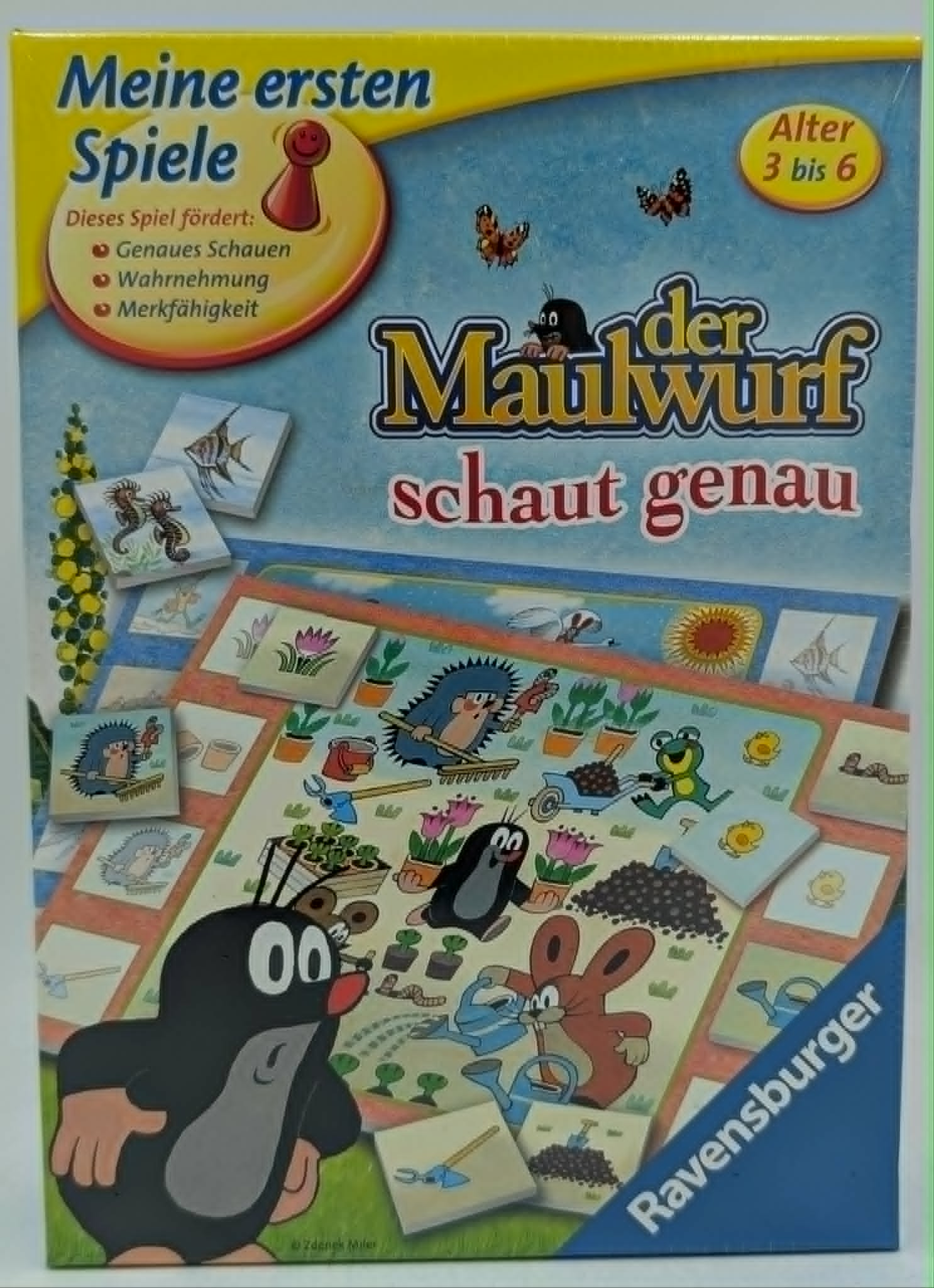Ravensburger Brettspiel 'Der Maulwurf schaut genau' für Kinder von 3 bis 6 Jahren mit bunten Illustrationen.