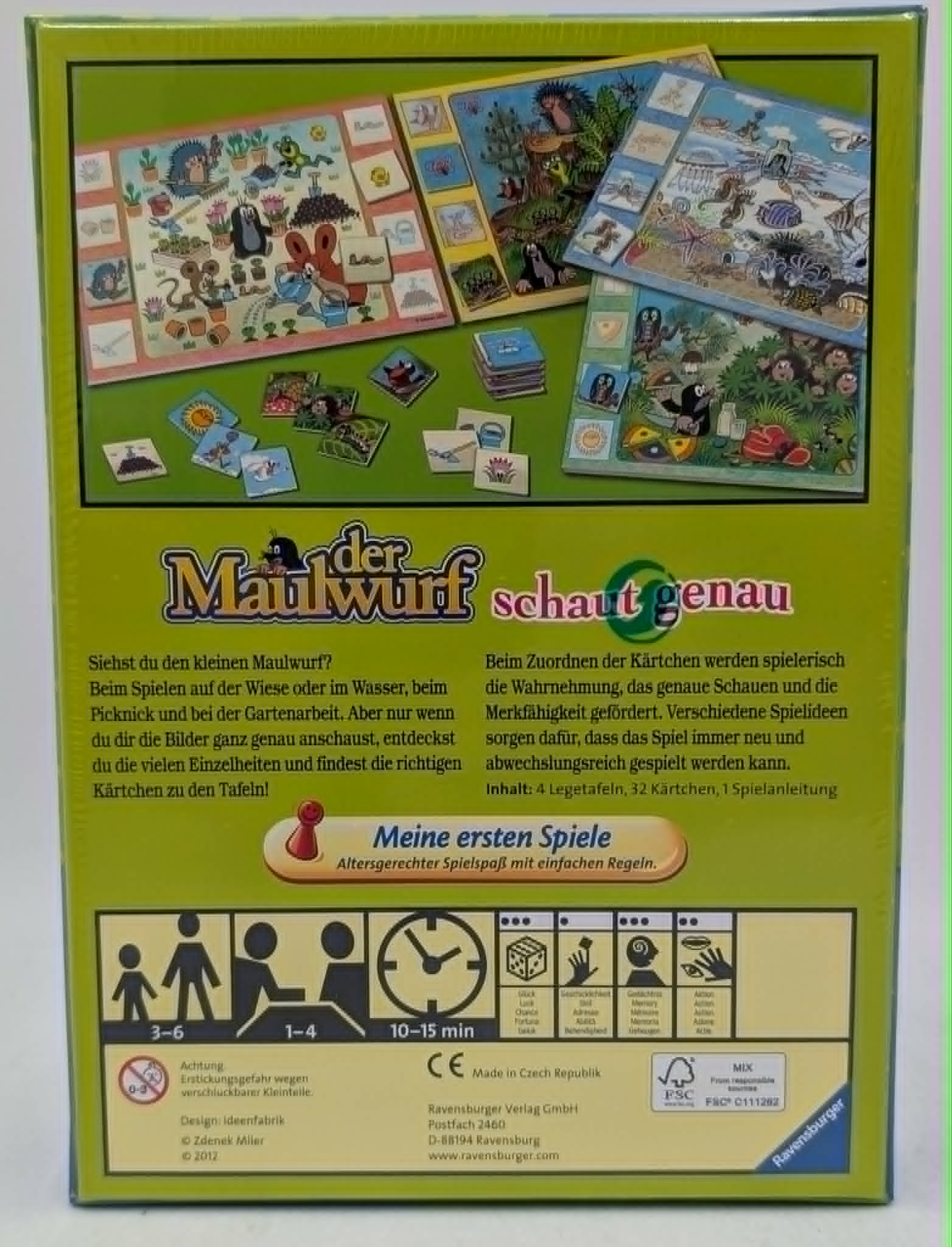 Rückseite einer Ravensburger Spielverpackung mit dem Maulwurf und verschiedenen Spielszenen sowie Symbolen.